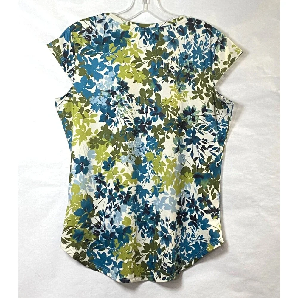 Emaline Floral T Shirt Womens Size Small Green Blue Multi Cap Sleeves Excellent